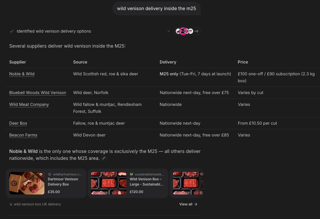 Perplexity's answer to "wild venison delivery inside the m25", with Noble & Wild listed first and the PressWhisper favicon circled among its sources