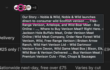 Perplexity's list of sources for the venison answer, with Noble & Wild's PressWhisper press kit underlined and the PW favicon circled